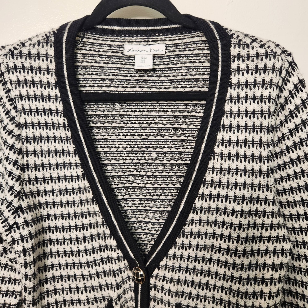 London Kaye Black White‎ Women's Cropped V-Neck Cardigan Buttons Large Office - Picture 6 of 15